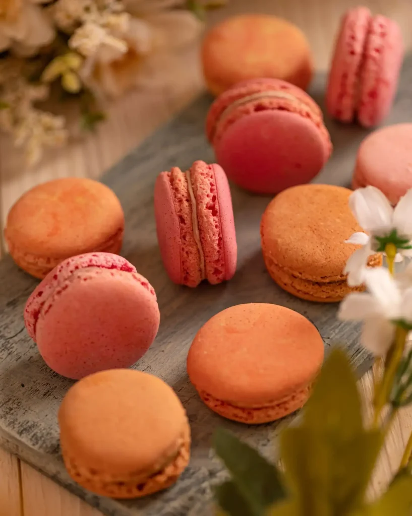 Colorful French macarons arranged elegantly, showcasing delicate almond cookies with smooth filling