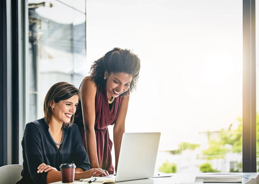 59823648 Laptop Happy Team And Business Women Training Discussion And Brainstorming Creative Startup